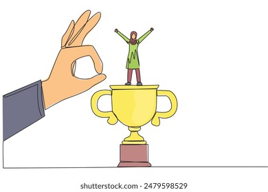 Single one line drawing Arabian businesswoman standing on big trophy. Celebrating success of business. Got fraudulent business opponents. Falling helpless. Continuous line design graphic illustration