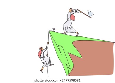 Single one line drawing Arabian businessman climbs cliff with rope. Almost successful. Rudely dropped by a business friend. Fake partner. Worst teamwork. Continuous line design graphic illustration