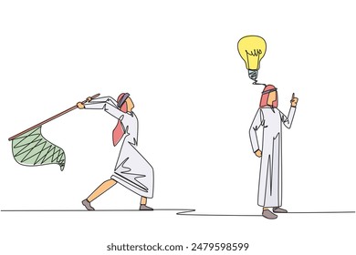Una sola línea dibujando a un hombre de negocios árabe con una idea. Una idea brillante que será robada por un socio de negocios. Engañar. Traición empresarial. Falso. Ilustración gráfica de diseño de línea continua