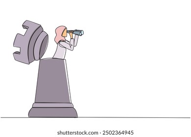 Single one line drawing Arabian businesswoman emerges from the rook chess piece looking for something through binoculars. Finalize business strategies. Continuous line design graphic illustration