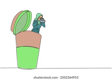 Single one line drawing Arabian businesswoman emerges from a paper cup looking for something through binoculars. Bring home a refreshing cold tea drink. Continuous line design graphic illustration