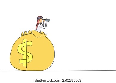 Single one line drawing Arabian businessman pops out of money bag looking for something through binoculars. More than adequate retirement funds. Gratefully. Continuous line design graphic illustration