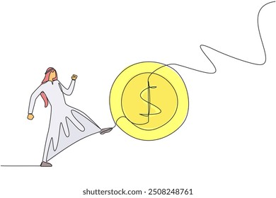 Single one line drawing Arabian businessman kicking a coin with a dollar symbol. Actions that are not worthy of imitation. Throwing away capital for free. Continuous line design graphic illustration