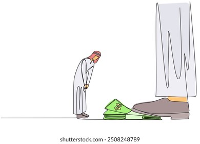 Single one line drawing Arabian businessman nodded in front of giant foot stepping on stack of banknotes. Receive orders to use capital as best as possible. Continuous line design graphic illustration