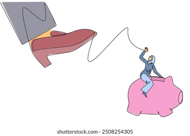 Single one line drawing Arabian businesswoman riding a piggy bank runs away from giant foot. Add expertise to acquire assets elsewhere. For a better future. Continuous line design graphic illustration