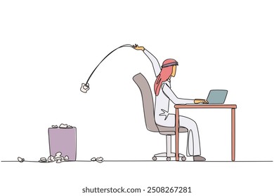 Una sola línea dibujando a un hombre de negocios árabe escribiendo en el escritorio de trabajo arrojando fajos de papel a la basura. Demasiadas ideas hacen que el concepto de negocio no sea claro. Ilustración gráfica de diseño de línea continua