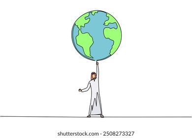 Una sola línea de dibujo Hombre árabe de pie levantando globo con una mano. En un alma sana hay un cuerpo fuerte. No hay contaminación. Verde la tierra. Proteger. Ilustración gráfica de diseño de línea continua