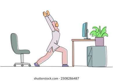 Single one line drawing Arabian woman stands with both hands raised and legs stretched. Stretching movements are much needed before work. Overtime. Hectic. Continuous line design graphic illustration