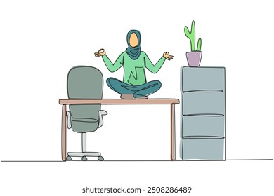 Single one line drawing Arabian woman sitting cross-legged on a work desk. Do yoga activities while at the office. Makes the mind calm and focused better. Continuous line design graphic illustration