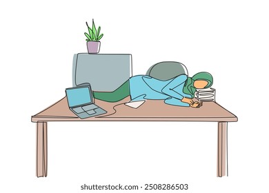 Single one line drawing Arabian woman fell asleep on the table with a pillow from a pile of papers. Overnight at the office. Completed many deadlines. Continuous line design graphic illustration