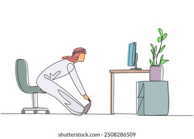 Single one line drawing Arabian man sitting in work chair with legs straightened. Stretching. Light exercise while at the office. Maintain health. Hectic. Continuous line design graphic illustration