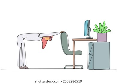 Single one line drawing Arabian man bowed while holding his hand on his work chair. Stretch the body to relieve stiffness. Working overtime on the weekend. Continuous line design graphic illustration