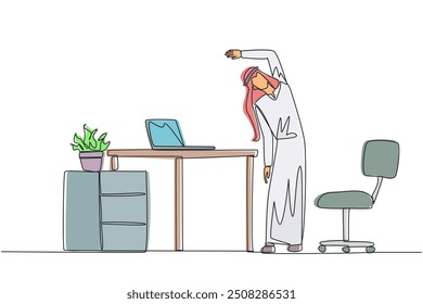 Single one line drawing Arabian man stands while raising one hand and tilting body. Stretch and do light exercise before work. More focus. Relax. Overtime. Continuous line design graphic illustration