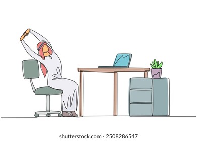 Single one line drawing Arabian man sitting in work chair while raising both hands. Stretching. Working too long in front of the laptop. Overtime. Hectic. Continuous line design graphic illustration