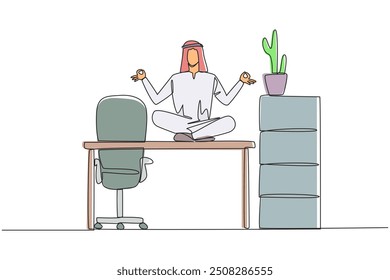 Single one line drawing Arabian man sitting cross-legged on a work desk. Requires calm in thinking. Can't be careless. Relaxing the mind. Stretching body. Continuous line design graphic illustration