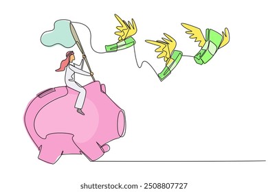 Single one line drawing Arabian businessman riding piggy bank catching flying banknotes. Financial crisis. Work smart to avoid debt. Business must continue. Continuous line design graphic illustration