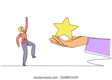 Single one line drawing Arabian businesswoman happy to get a star from the giant hand. Star award. Be the best. The best rating. Motivation to be better. Continuous line design graphic illustration