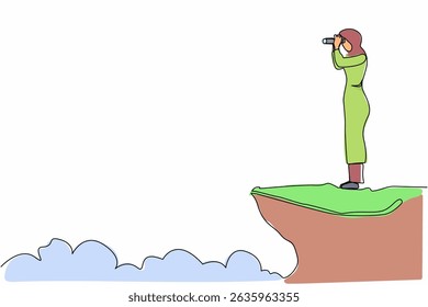 Single one line drawing Arabian businesswoman looking in binoculars standing on cliff. Business vision concept, leadership, achievement, target. Continuous line draw design graphic vector illustration