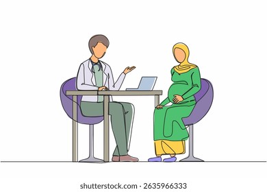 Single one line drawing Arabian pregnant woman on consultation with doctor. Pregnancy and maternity. Happy female character expecting for baby. Continuous line draw design graphic vector illustration