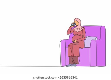 Single one line drawing Arabian pregnant woman drinking water sitting on sofa. Expectant lady have rest at home with glass. Pregnancy, healthcare, thirst concept. Continuous line design graphic vector