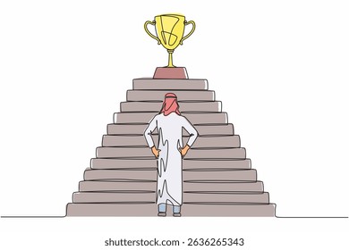 Single one line drawing Arabian businessman standing in front of staircase with trophy cup on the top. Path to success, goal, business vision. Continuous line draw design graphic vector illustration