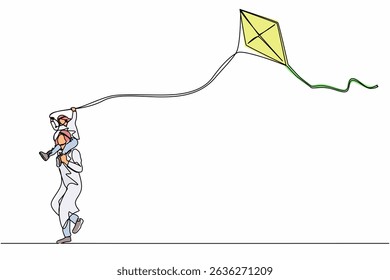Single one line drawing Arabian father carrying son on shoulders, playing and running with kid. Daddy and his child flying kite isolated on white background. Continuous line draw design graphic vector