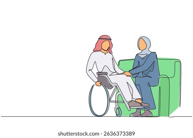 Single one line drawing Arabian couple with disability man in wheelchair holding hands with woman sitting on sofa. Assistance rehabilitation of disabled person. Continuous line design graphic vector