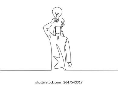 Una sola línea dibuja a un hombre árabe con la cabeza descubierta y levanta una bombilla por encima de la cabeza. Simbolismo de expresar opiniones. Idea. Día Nacional de la Creatividad. Ilustración gráfica de diseño de línea continua