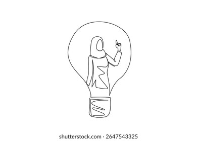 Single one line drawing Arabian woman with gestures got an idea in lightbulb. Deep thought gets very creative ideas. Natural code. National Creativity Day. Continuous line design graphic illustration