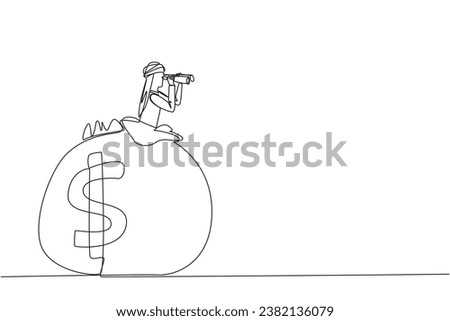 Single one line drawing Arabian businessman pops out of money bag looking for something through binoculars. More than adequate retirement funds. Gratefully. Continuous line design graphic illustration