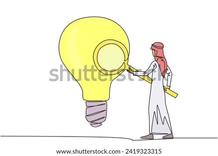 Single one line drawing Arabian businessman stood holding magnifier and inspected big lightbulb. Businessman are looking for new ideas, fresh ideas and innovation. Continuous line graphic illustration