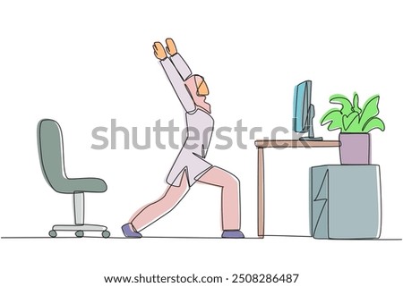 Single one line drawing Arabian woman stands with both hands raised and legs stretched. Stretching movements are much needed before work. Overtime. Hectic. Continuous line design graphic illustration