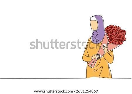 Single one line drawing an Arabian woman carrying a bouquet of flowers. Red roses are a sign of love for a legitimate partner. Bring Flowers To Someone Day. Continuous line design graphic illustration