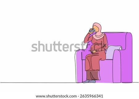 Single one line drawing Arabian pregnant woman drinking water sitting on sofa. Expectant lady have rest at home with glass. Pregnancy, healthcare, thirst concept. Continuous line design graphic vector