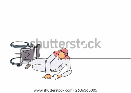Single one line drawing Arabian businessman fell off wheelchair sitting on floor. Disabled male patient accident falling down and crawling for help in hospital room. Continuous line draw design vector