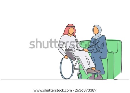 Single one line drawing Arabian couple with disability man in wheelchair holding hands with woman sitting on sofa. Assistance rehabilitation of disabled person. Continuous line design graphic vector