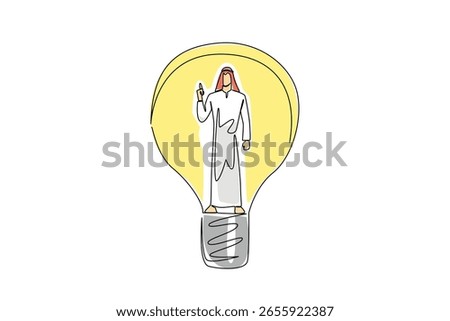 Single one line drawing Arabian man with gestures got an idea inside a lightbulb. Stand with high confidence. Bringing new ideas. National Creativity Day. Continuous line design graphic illustration