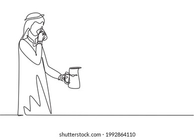 Single one line drawing Arabic man drinking holding glass in right hand and jug in left hand to quench thirst after activity. Enjoy life. Modern continuous line draw design graphic vector illustration