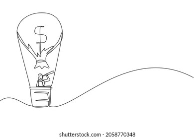 Single one line drawing Arabic businesswoman in hot air balloon looking with telescope. Business, leadership concept. Financial success to achieve goal. Continuous line draw design vector illustration