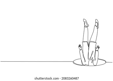 Single one line drawing Arabic businesswoman falling into pit hole. Legs up. Logo protruding legs from the hatch, puddles. Metaphor. Failure. Defeat. Continuous line design graphic vector illustration