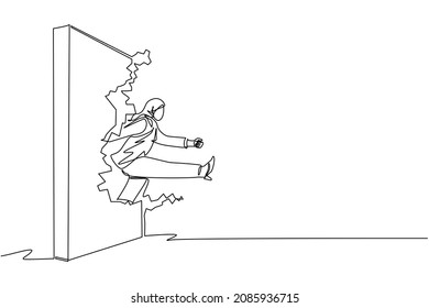 Single one line drawing Arabic businesswoman run and breaking through brick wall. Leadership concept. Business concept of obstacle and solution. Continuous line draw design graphic vector illustration