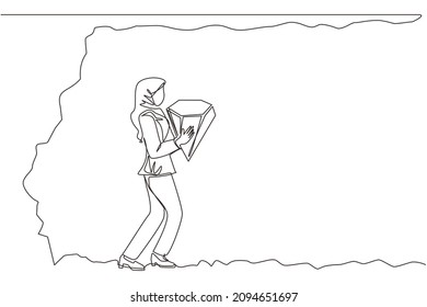 Single one line drawing Arabic businesswoman bearing big diamond from underground. Treasure digging with someone carry diamond. Success, achievement. Continuous line design graphic vector illustration
