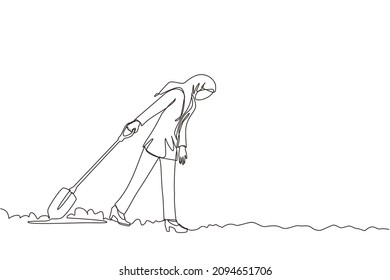 Single one line drawing Arabic businesswoman walking unsteadily leaving hole dug dragging shovel. Woman digs in tunnel trying to get to goal. She gave up, stopped trying. Continuous line design vector