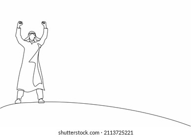Single one line drawing Arabic businessman standing and raising hands or arms. Successful guy. Career goal. Victory sign or symbol. Winner pose. Continuous line draw design graphic vector illustration