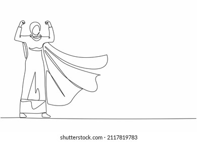 Single one line drawing Arabic businesswoman superhero character  office worker female superhero  Businesswoman in cloak cape  standing in superhero pose  Continuous line draw design graphic vector