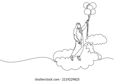 Single one line drawing Arabic businessman floating with balloon. Man holding balloon flying through cloud. Worker reaches goal, target, finds solution. Continuous line draw design vector illustration