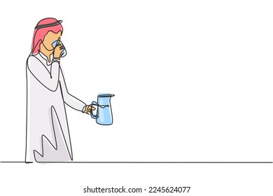 Single one line drawing Arabic man drinking holding glass in right hand and jug in left hand to quench thirst after activity. Enjoy life. Modern continuous line draw design graphic vector illustration