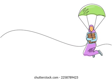 Single one line drawing Arabic businesswoman holding briefcase and jumping with parachute. Business people skydiver risk danger, safety concept. Continuous line draw design graphic vector illustration