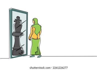 Single one line drawing Arabic businesswoman standing in front of mirror, reflecting chess king. Metaphor of confidence. Success, opportunities concept. Continuous line draw design vector illustration