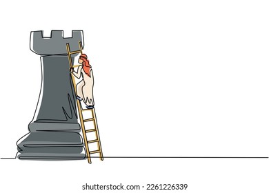 Single one line drawing Arabic businessman climb huge rook chess piece with ladder. Business strategy and marketing plan. Strategic move in business concept. Continuous line draw design graphic vector